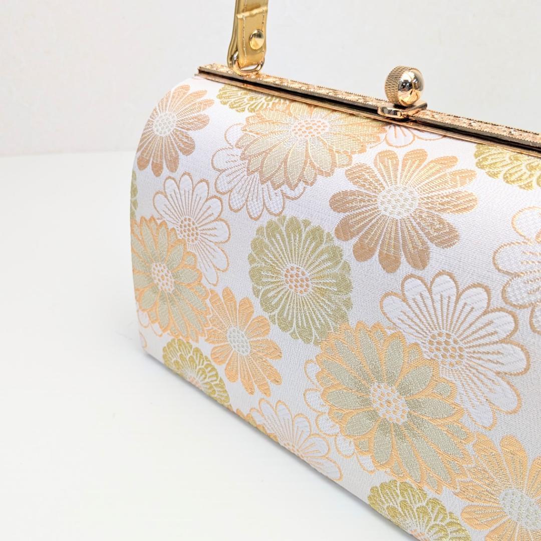 和装 草履バッグセット 白 金 ゴールド 帯地 菊花 古典 フリーサイズ u8