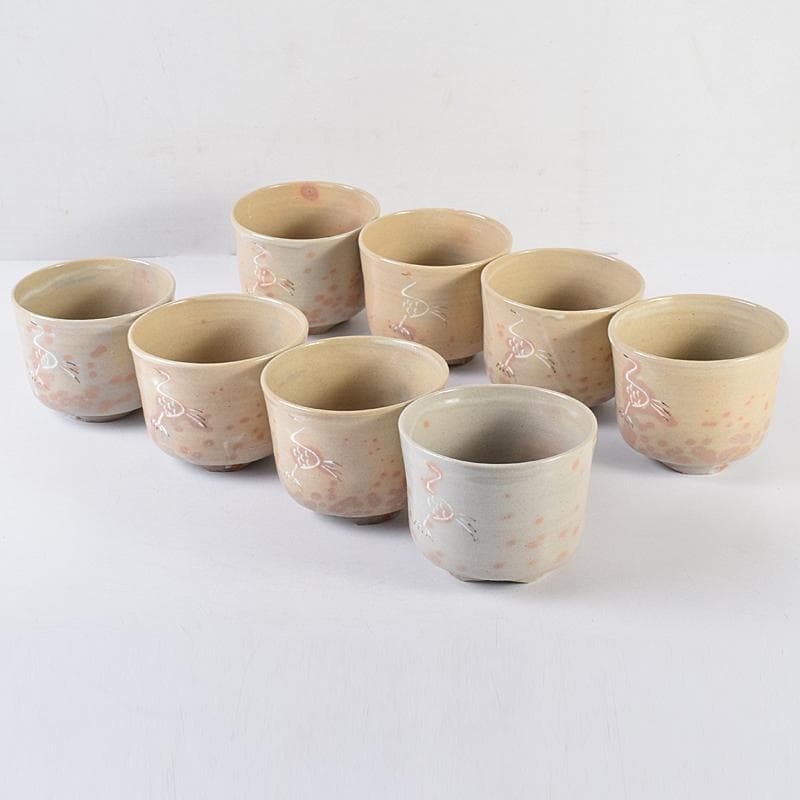 茶道具 赤膚焼 大塩正人造 御本立鶴 数茶碗 八客 共箱 V