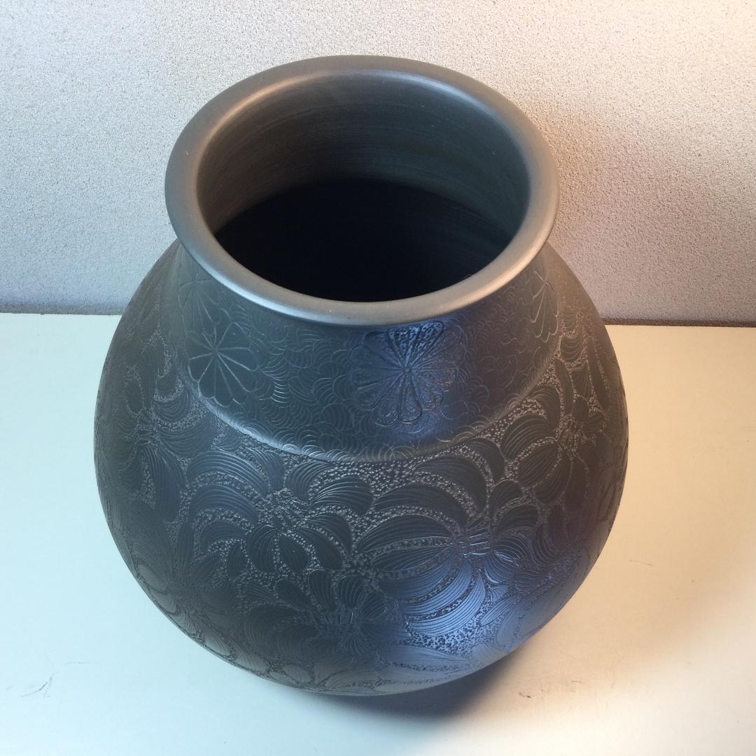 陶芸　手作り陶器　飾り花瓶　菊図柄