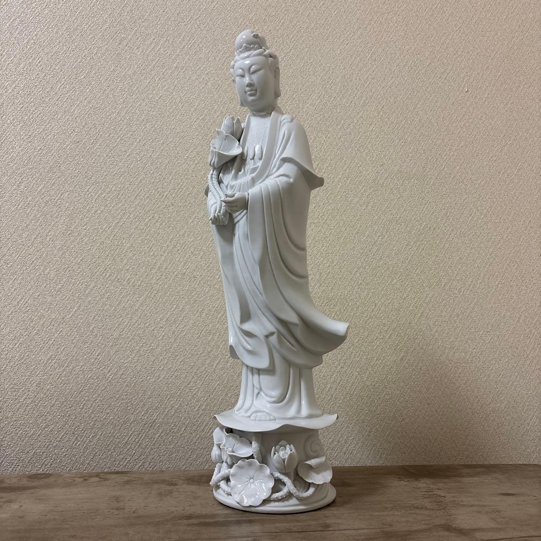 修復あり 中国美術 白磁 蓮上観音立像 置物 仏像〈検 徳化窯 観音菩薩