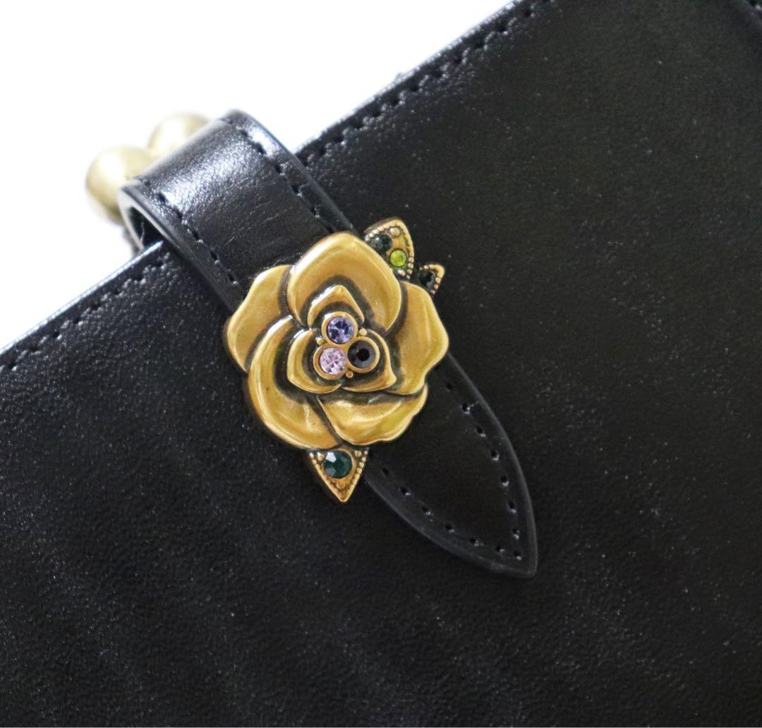 《アナスイ》未使用 ポケット多数 上品薔薇ブローチ付 レザー2つ折りがま口財布