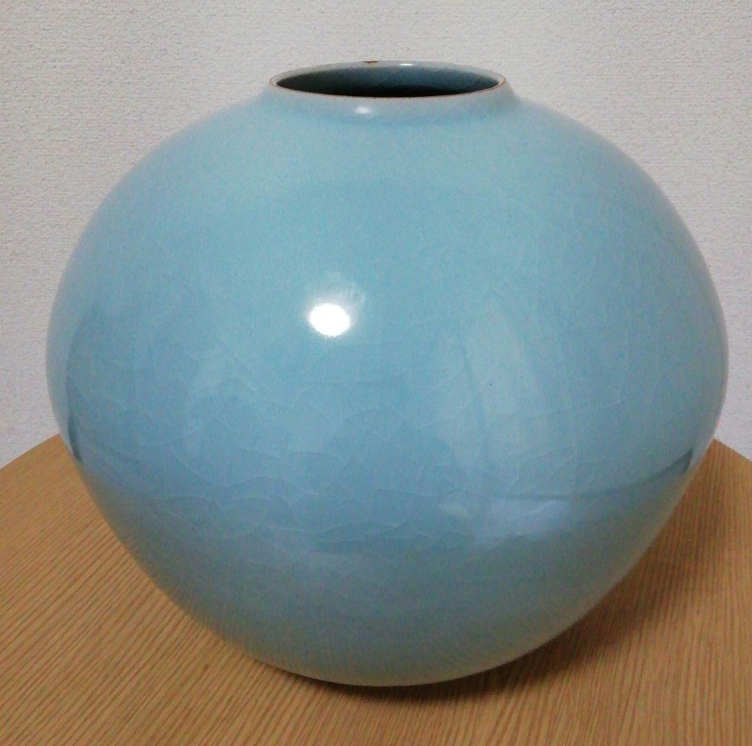 小野卓作　青磁　大壺　花入　共箱　略歴付　花瓶
