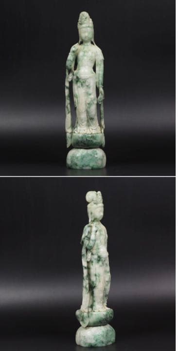 送料無料古い新潟糸魚川翡翠A貨彫刻観音立像 鑑定書付 31.5cm/1963g