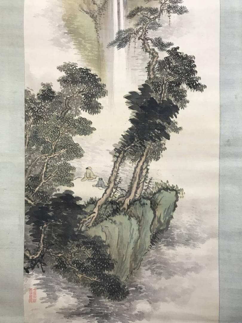 真作/河邨虹外/観瀑画賛/山水図/滝山水人物図/掛軸/