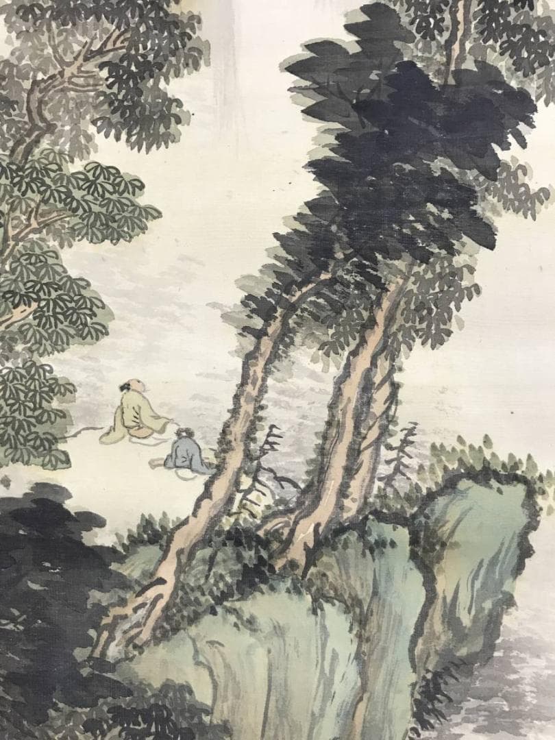 真作/河邨虹外/観瀑画賛/山水図/滝山水人物図/掛軸/