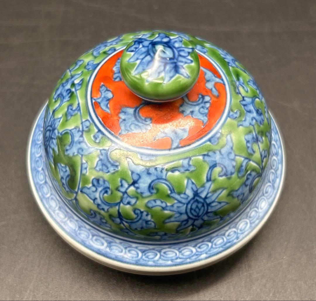 【希少】源右衛門窯　館林源右衛門　緑彩唐草文　錫口　茶壺　茶道具　有田焼 共箱