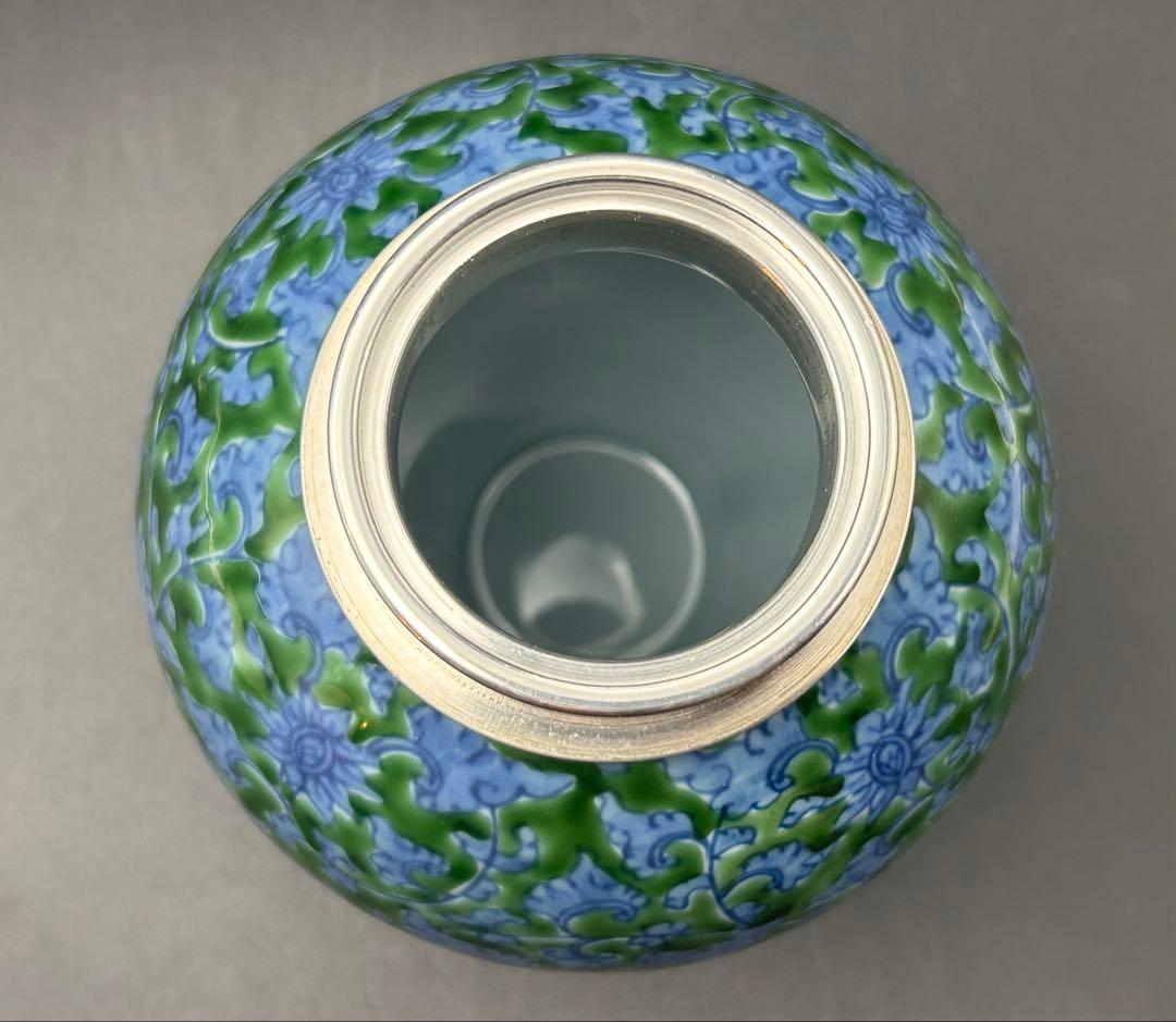 【希少】源右衛門窯　館林源右衛門　緑彩唐草文　錫口　茶壺　茶道具　有田焼 共箱