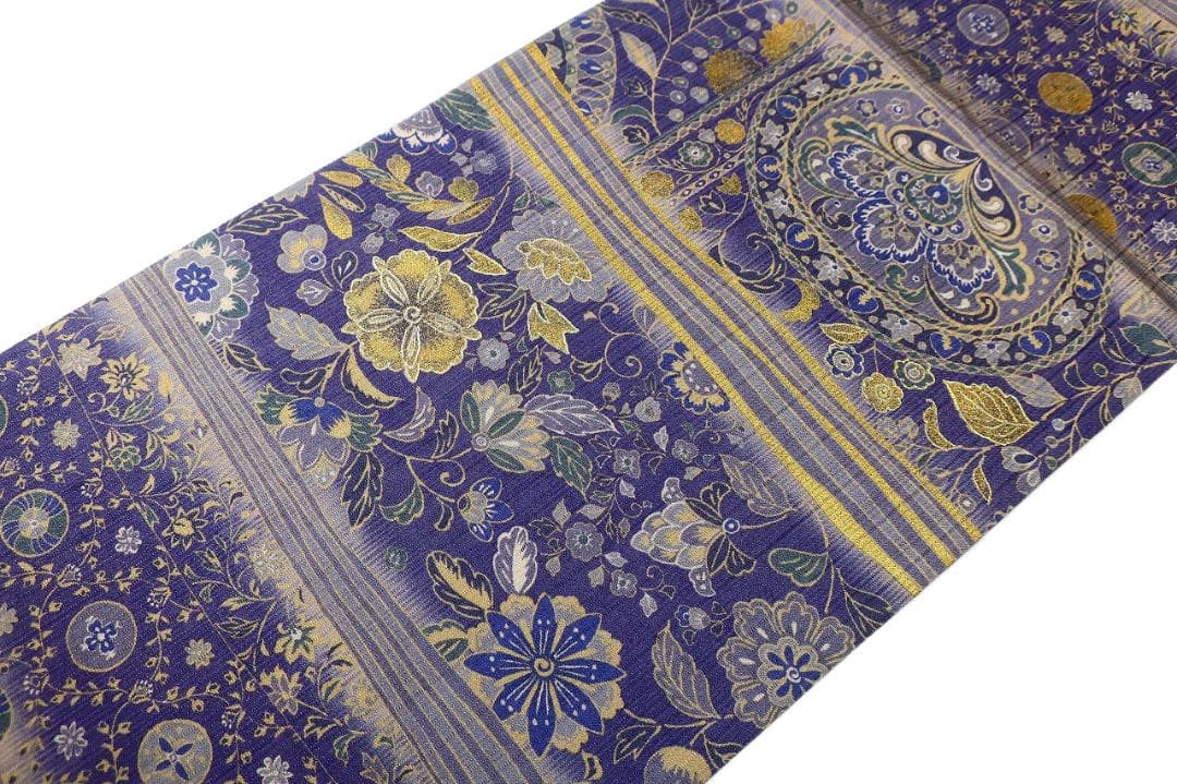 未使用品 袋帯 リバーシブル 紬地 深紫 唐花 枝花 全通柄長さ4m65cm