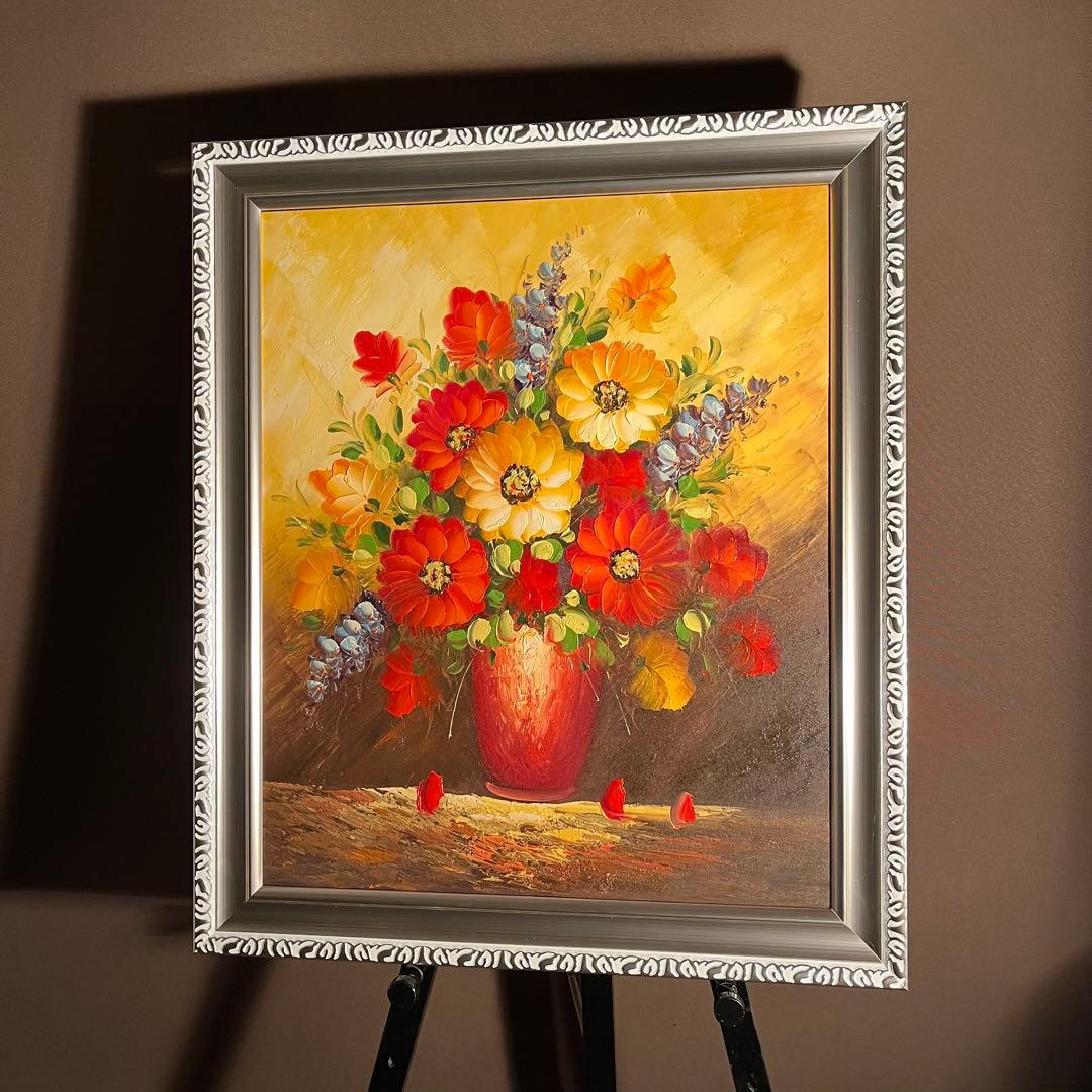手書き油絵 花瓶の花 額付 肉筆絵画 インテリア 油彩画