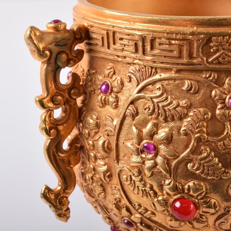 中国 古銅鍍金 双耳三つ足杯 一對 時代箱付 V 7593A