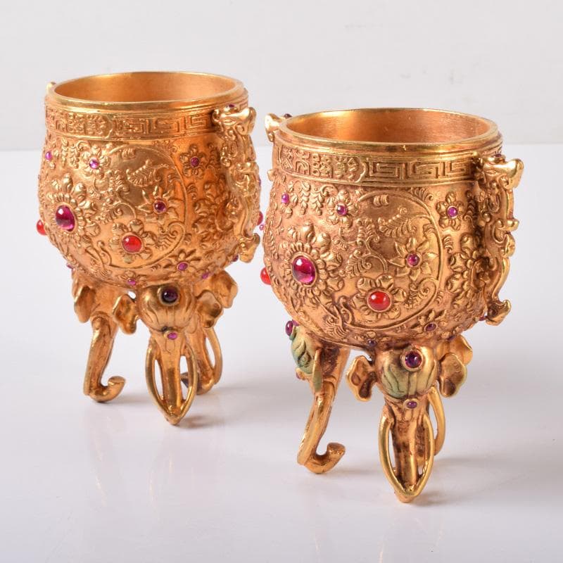 中国　古銅鍍金　双耳三つ足杯　一對　時代箱付　V　7593A