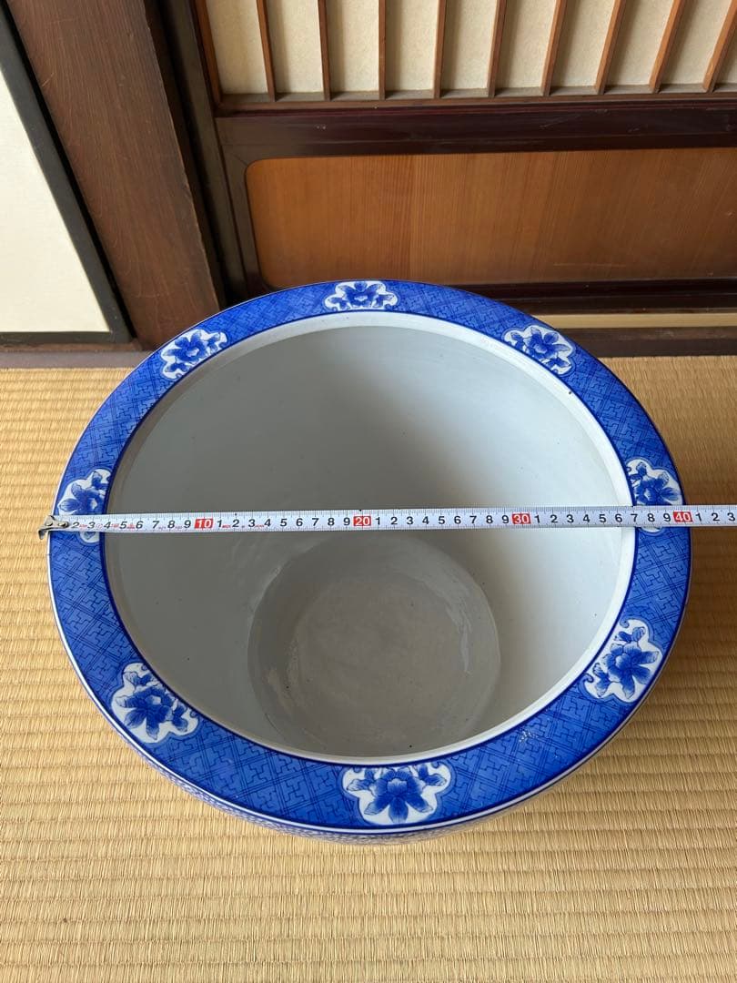 染付唐獅子牡丹花鳥図火鉢(直径約40.5cm) 火鉢 メダカ鉢 金魚鉢 染