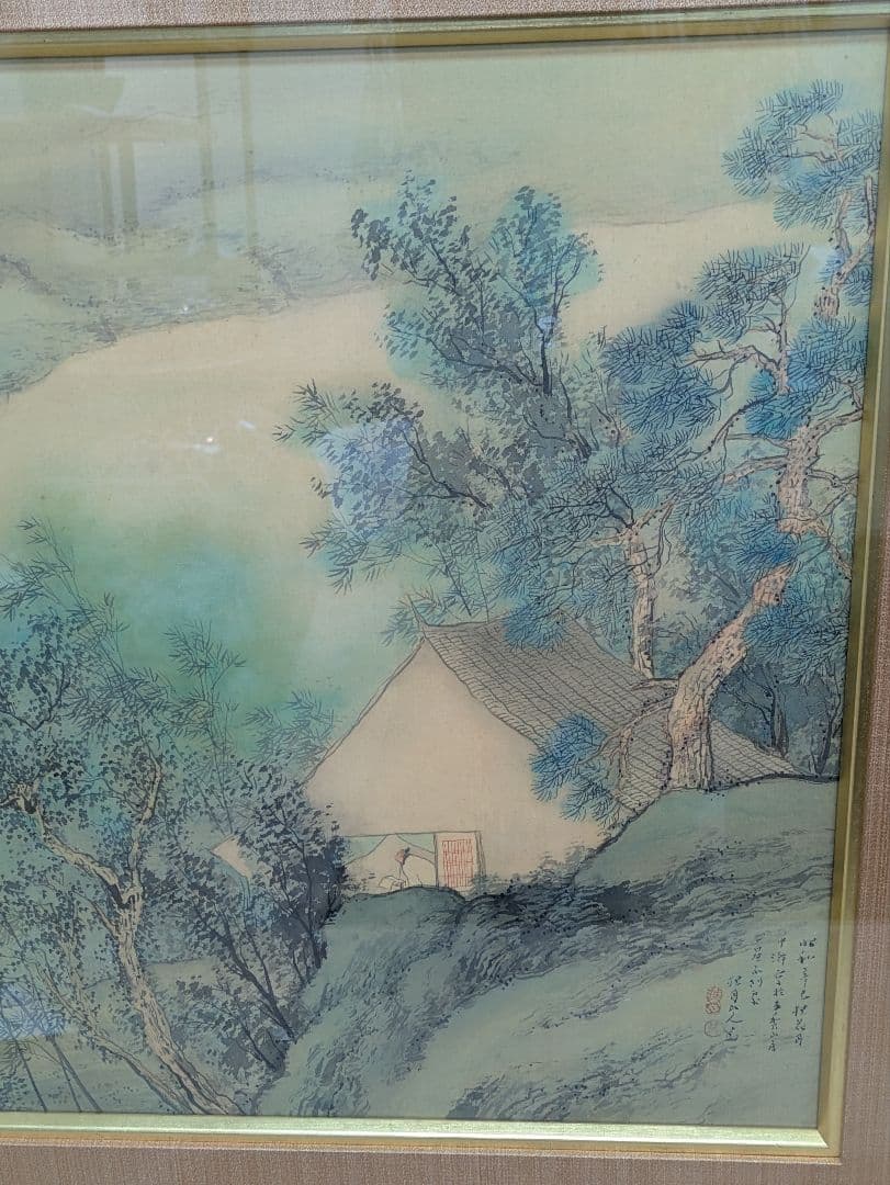 【真　作】松林桂月、『緑 陰 閑 居 図』、絹本彩色、自題共箱、落款、印有