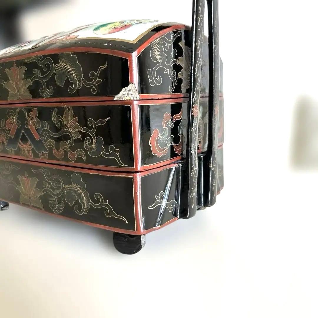 ヴィンテージ中国製漆塗り3段重箱、多彩な花柄