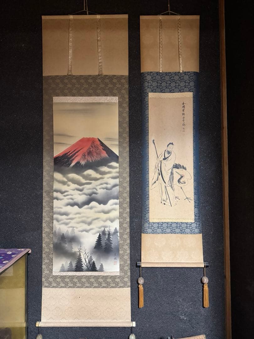 赤富士 掛け軸 / 鶴仙人図 掛け軸 2本セット バラ売り可 赤富士 掛け軸 / 鶴仙人図 掛け軸 2本セット バラ売り可 赤富士 掛け軸