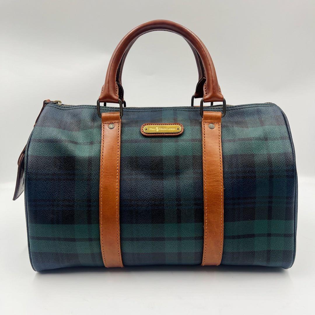 美品 ポロラルフローレン ボストンバッグ チェック柄 PVC グリーン