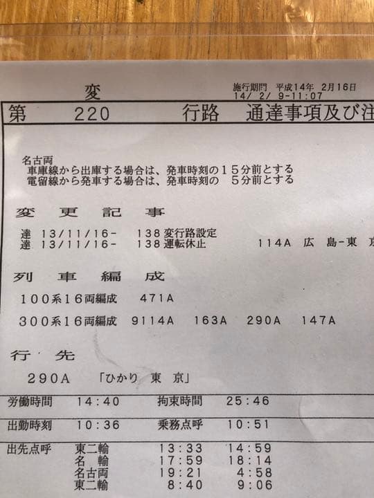 鉄道部品　新幹線　運転士時刻表