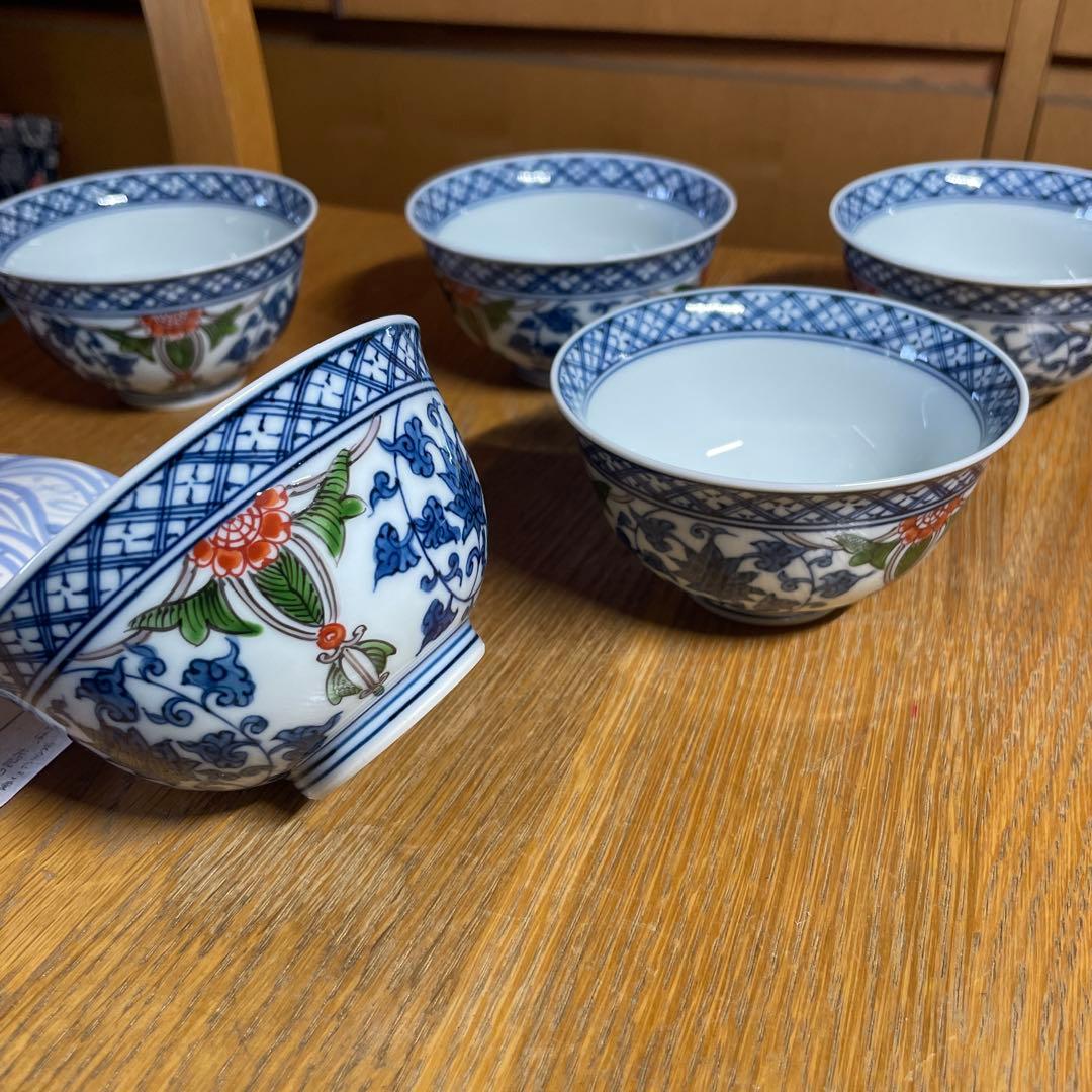 有田焼　館林源右衛門　染錦三方割唐草湯呑五客　　　共箱