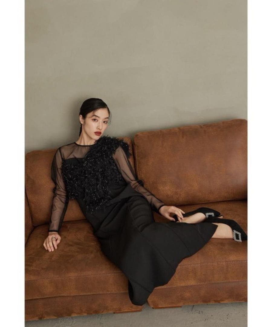 新品　ANDRESD フリンジグリッターノットドレス ブラック　ワンピース