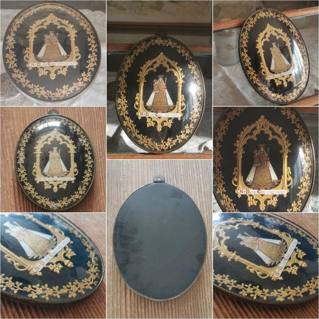 アンティークベルギー 聖母子の紙肖像イコン ボンベガラスドーム