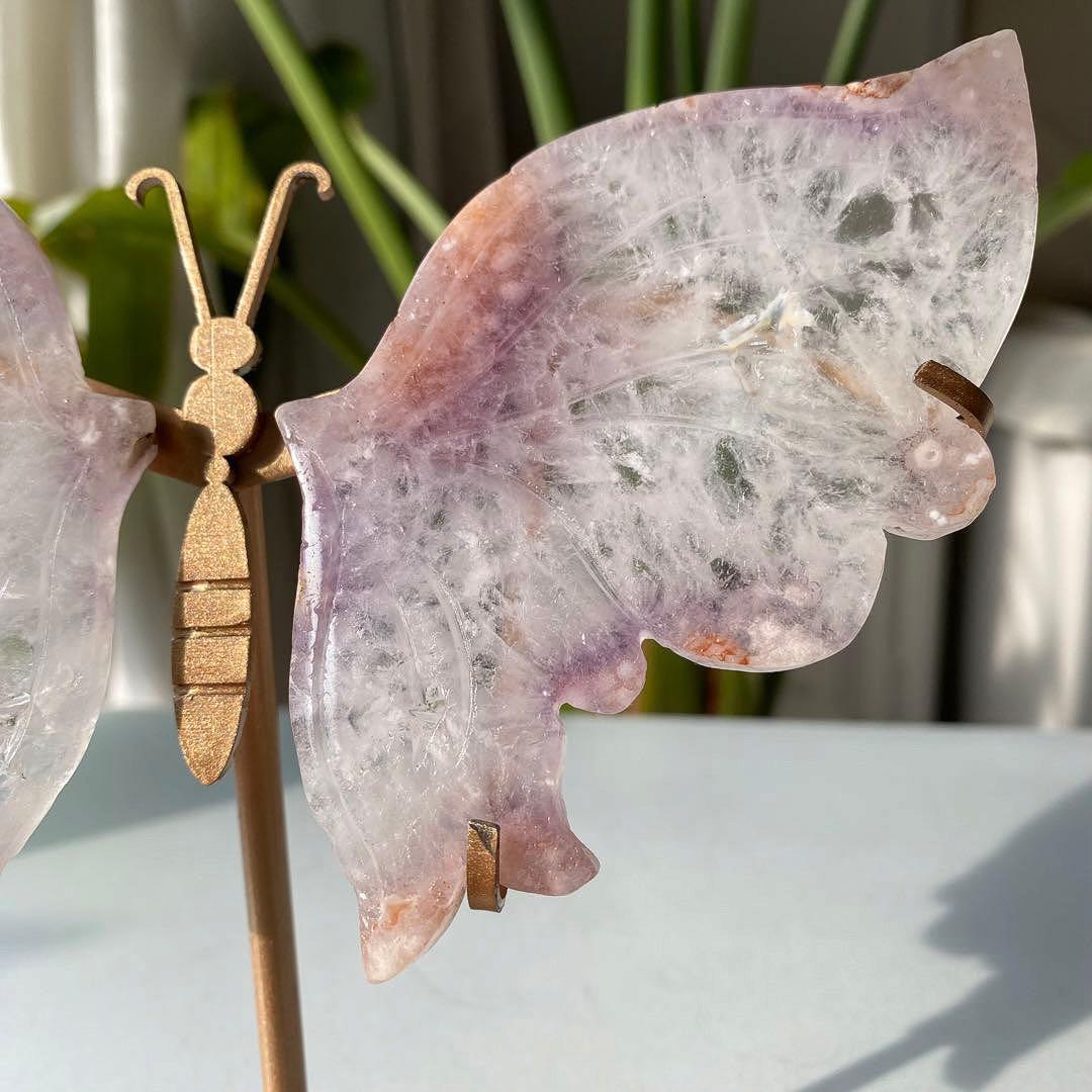 天然石 ピンクアメジスト クォーツ バタフライ 蝶々 スタンド付き