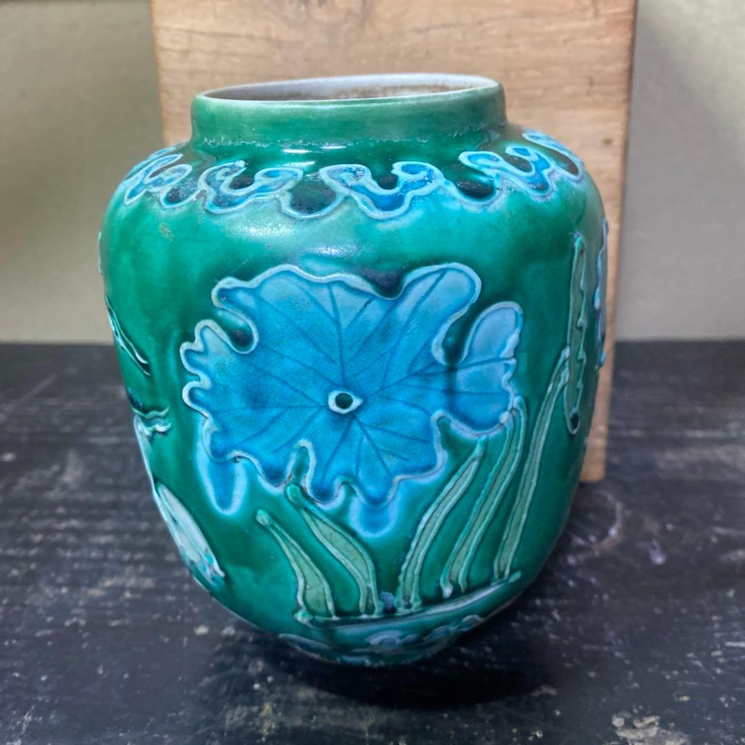 中国古玩　鷺文法華花瓶【桐箱付】10cm13.5cm