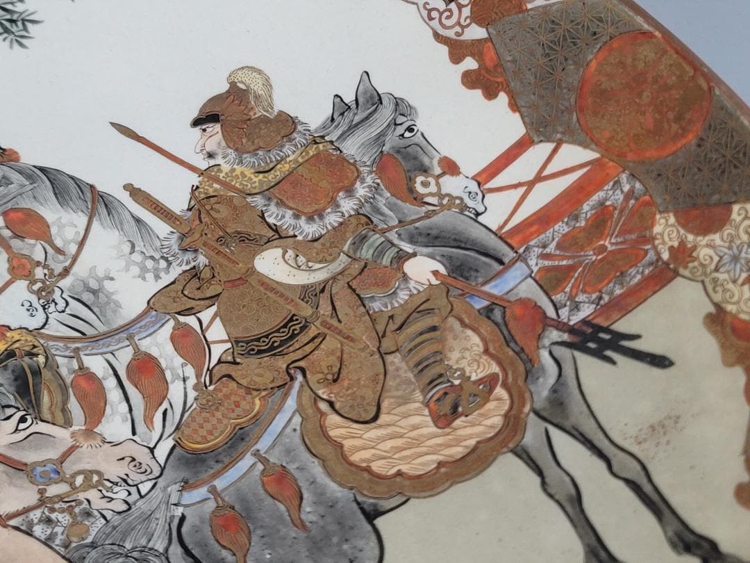 九谷 金彩赤絵 細密 武者絵 一対 幅37 cm 明治時代 DT395 九谷 金彩赤絵