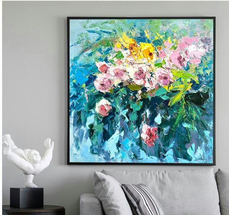 手描きリビング油絵現代シンプルヨーロッパ式レストラン玄関装飾画手作り壁画花背景大