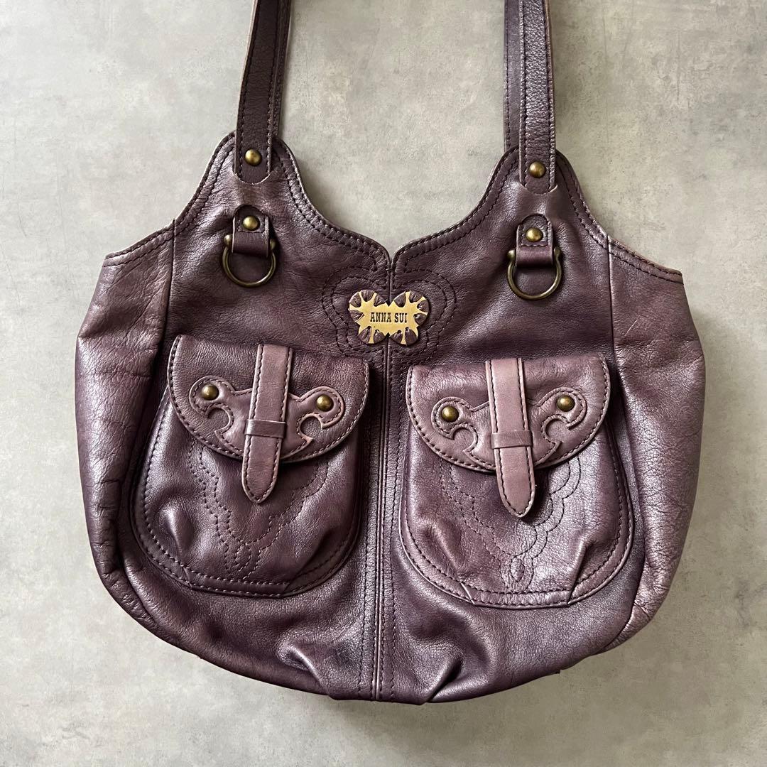 【美品】 アナスイ バタフライ レザー ハンド バッグ ANASUI パープル