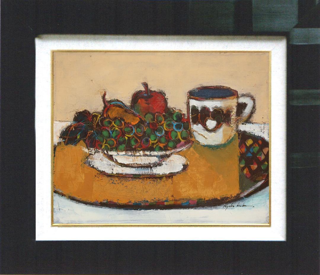 油絵 絵 絵画インテリア 額付(青緑＋金色の枠) uF6-061204 フルーツ