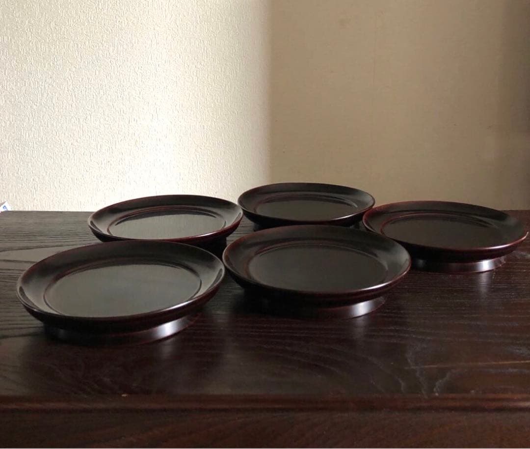 国産 浄法寺塗 木製 漆器 椿皿 楪子 銘々皿 溜塗 懐石 茶道具 5枚揃