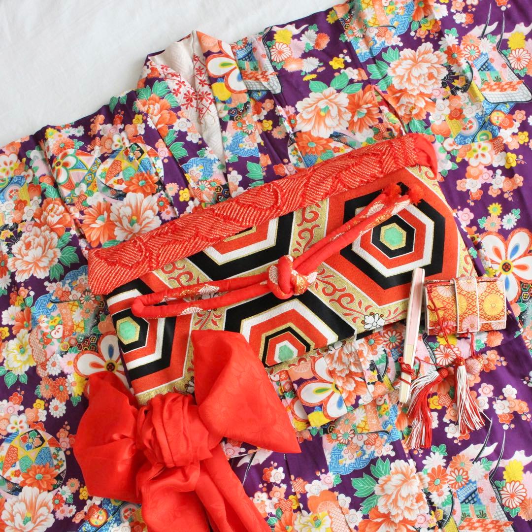 七五三 7歳 女の子 子供 アンティーク 紫 着物 帯 セット