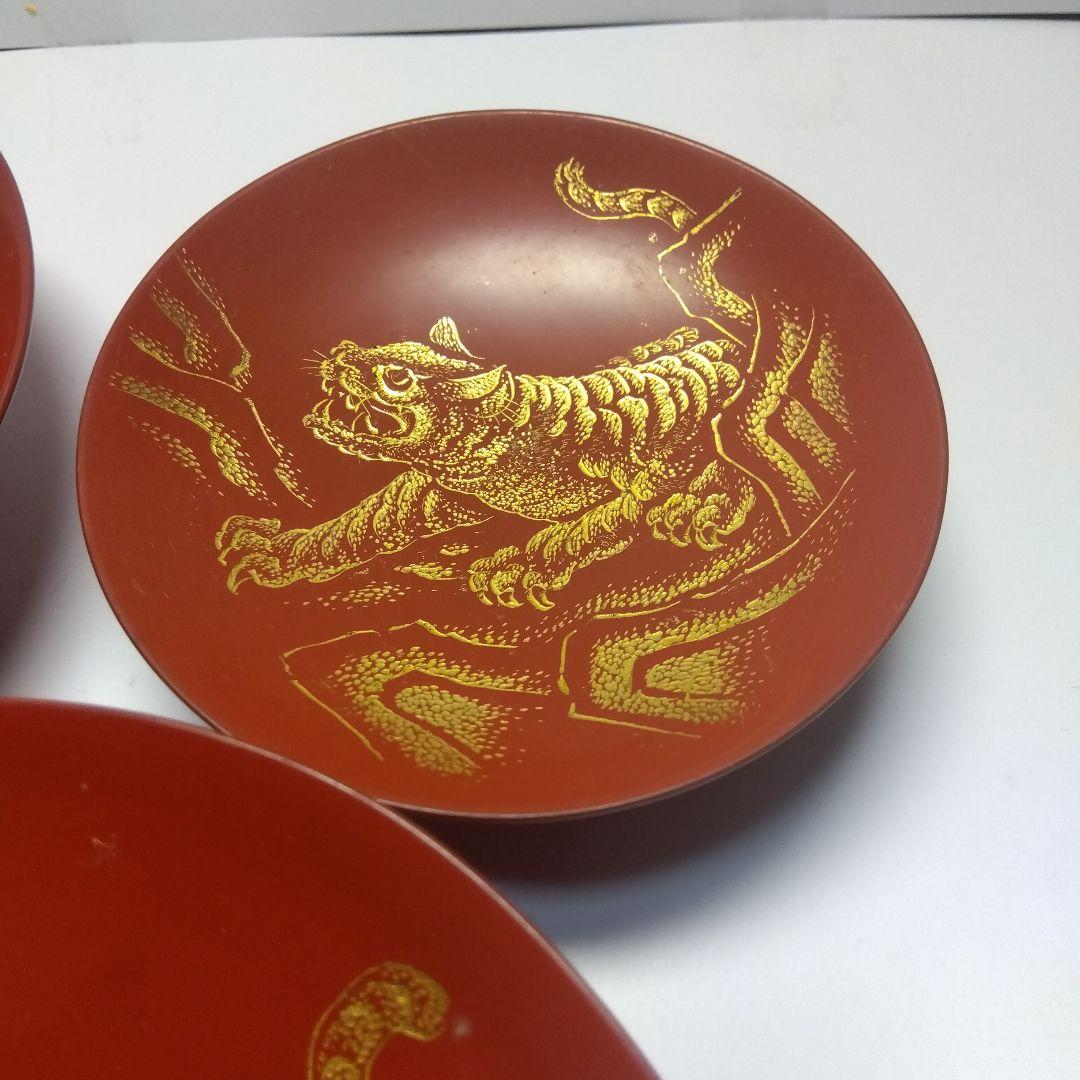 輪島塗 漆器三ッ組盃 沈金 虎の図 在銘 松竹梅 天然木 当日物 美品