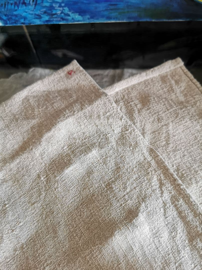 アンティーク ホームスパン ラスティックリネン イニシャルP赤糸刺繍