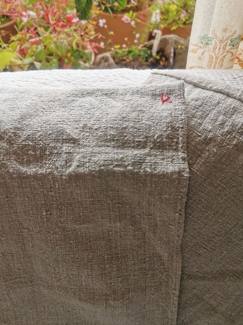 アンティークフランス ラスティック ホームスパンリネン イニシャル赤