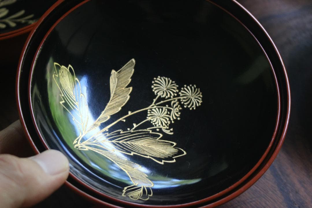 絵柄選択可！時代朱漆に優美な草花沈金のお椀10点（検輪島塗懐石椀沈金椀
