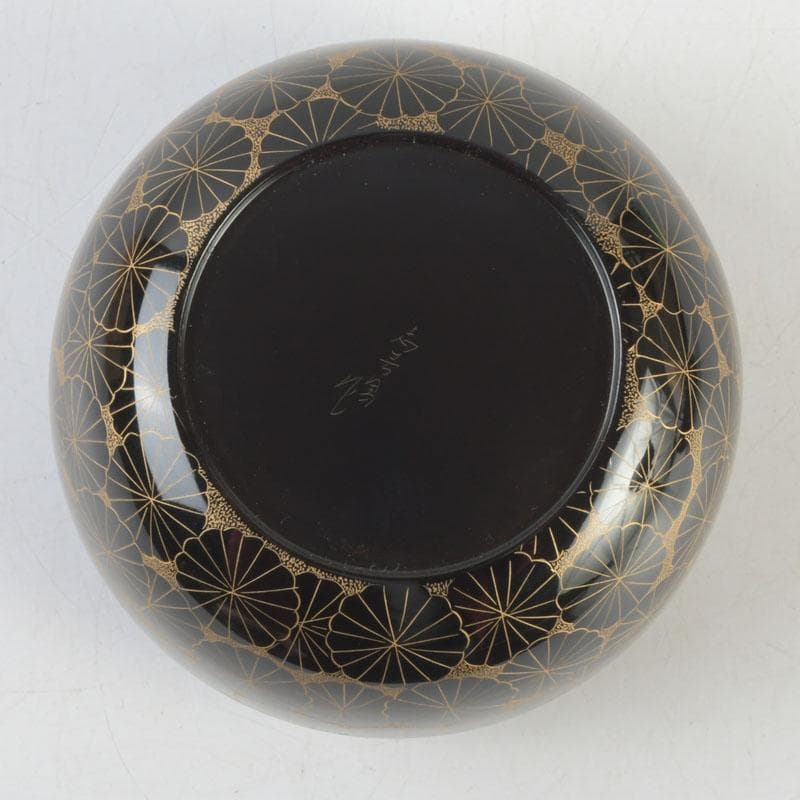 茶道具 輪島塗 前志芸男作 沈金菊文様 平棗 共布共箱 V