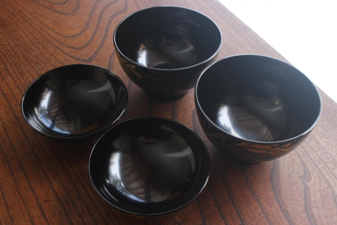 デッドストック！上質黒漆に極上稲穂沈金の映えるお椀2点（検輪島塗