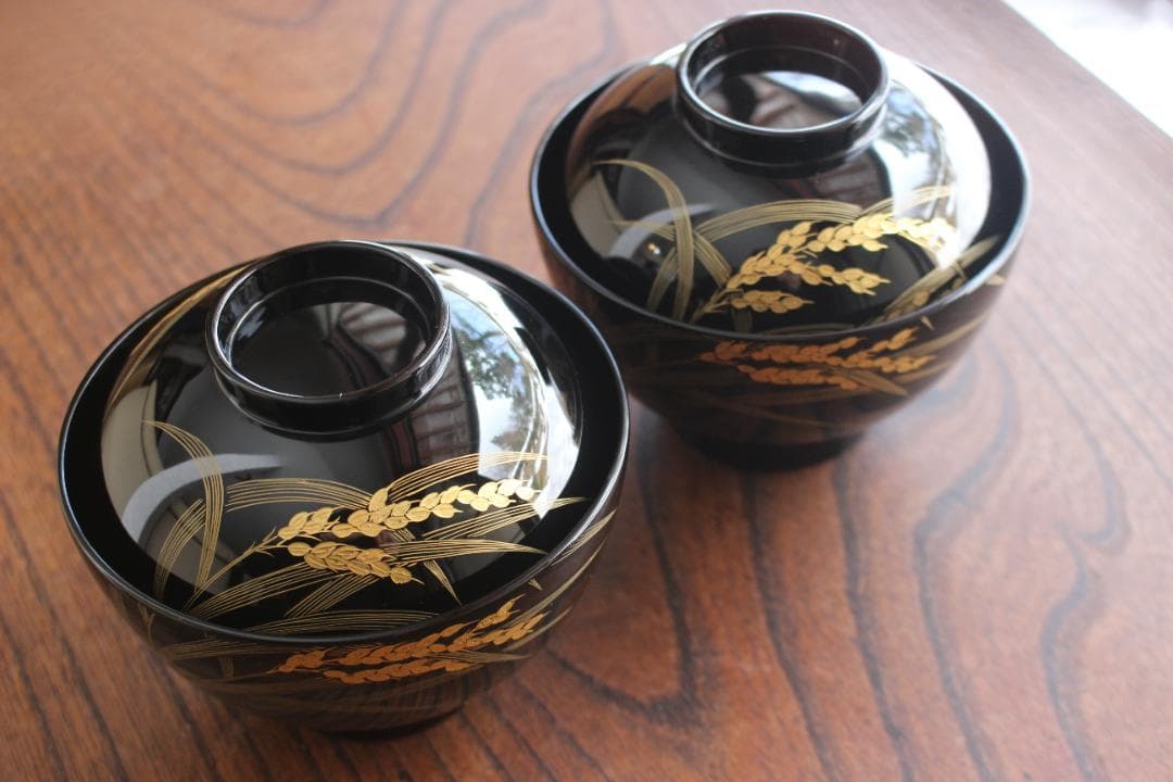 デッドストック！上質黒漆に極上稲穂沈金の映えるお椀2点（検輪島塗