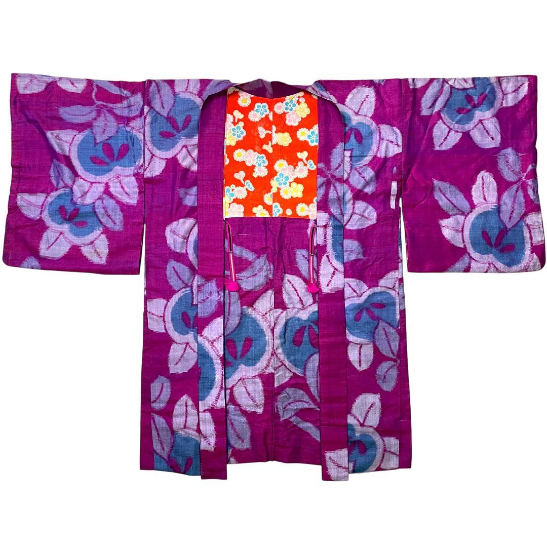 銘仙 長羽織 正絹 橘 シトラス 紫 大正ロマン アンティーク着物 A-2675