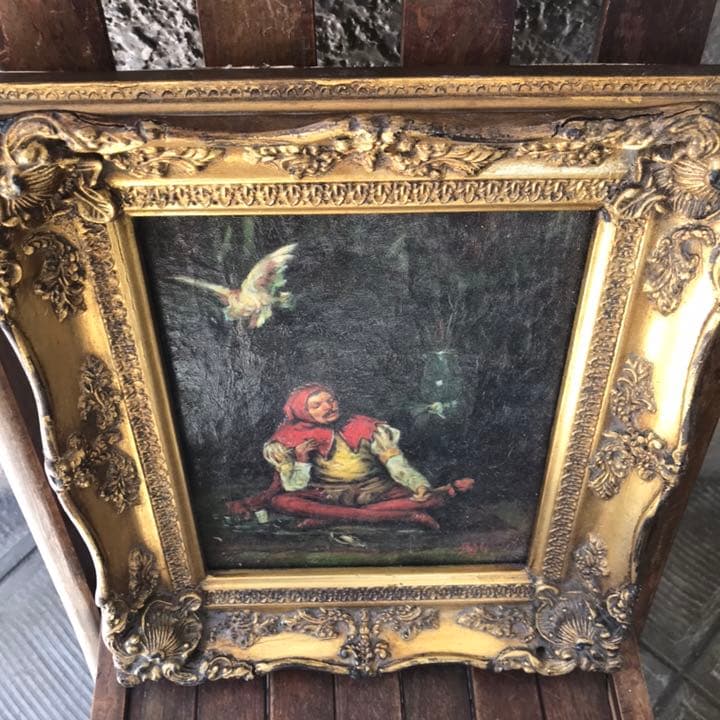 Very Old 19世紀 アンティーク絵画油彩 Antique道化師
