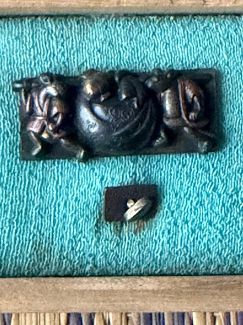 金工 目貫 前金具 赤銅 ネズミ 宝袋 未使用 木箱