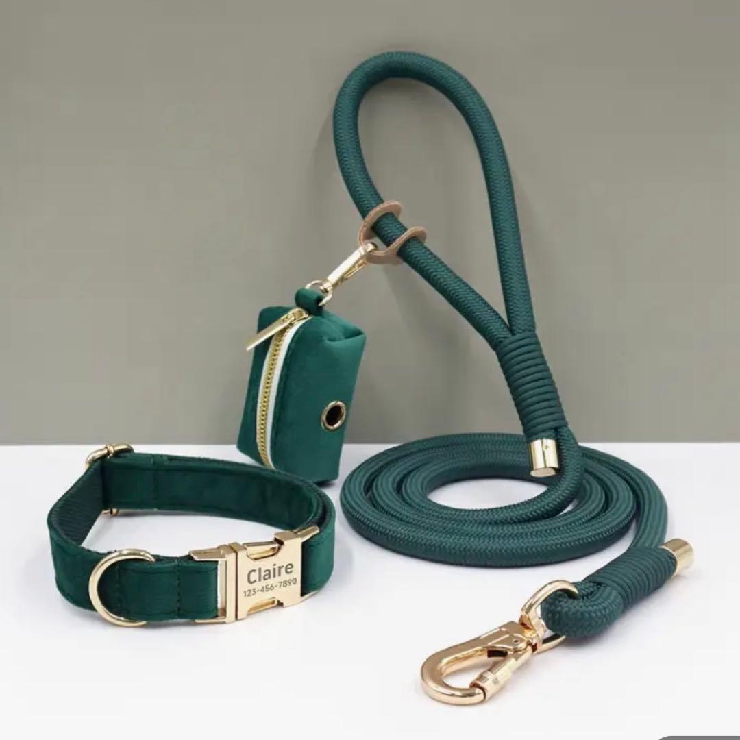今最安♡ オーダー名前 グリーンブルー セット 犬 首輪 ハーネス