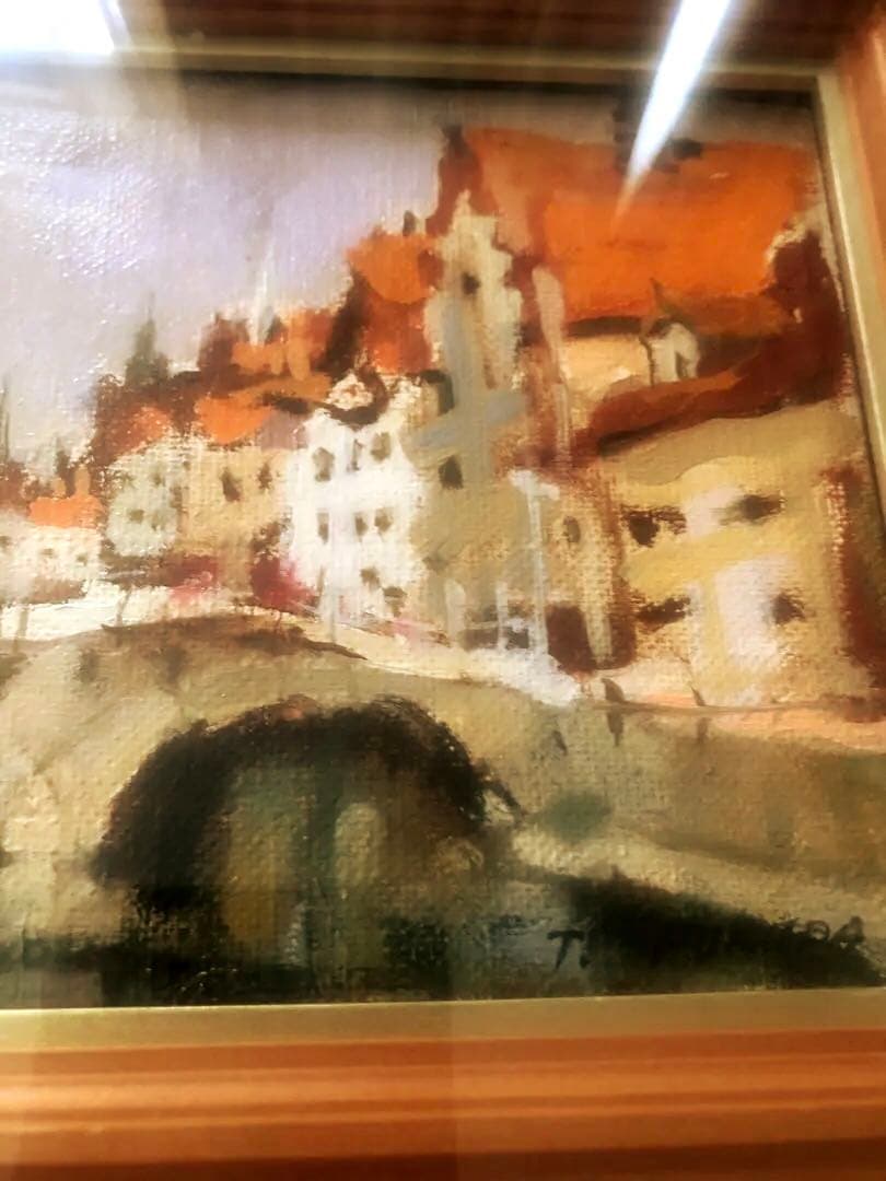 【二科会】福田輝 油彩『ブルージュ風景』額付