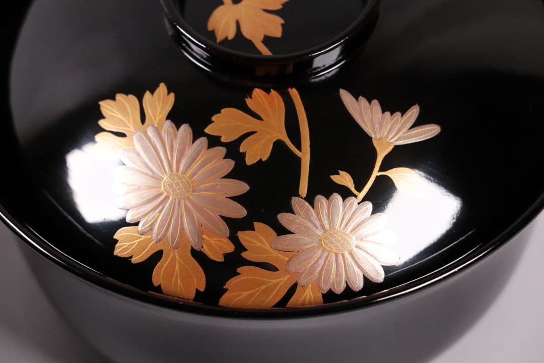 木製漆器 菊花蒔絵 黒塗 椀 五客 漆芸 茶懐石 会席道具 草花【MA286】