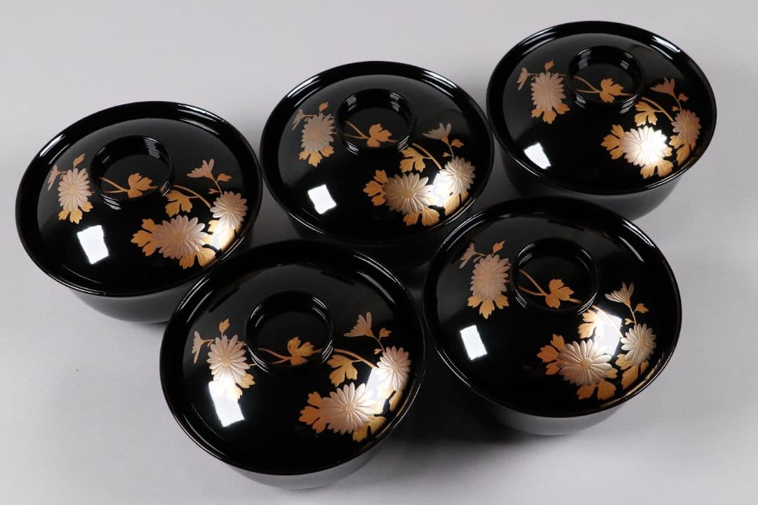 木製漆器 菊花蒔絵 黒塗 椀 五客 漆芸 茶懐石 会席道具 草花【MA286】