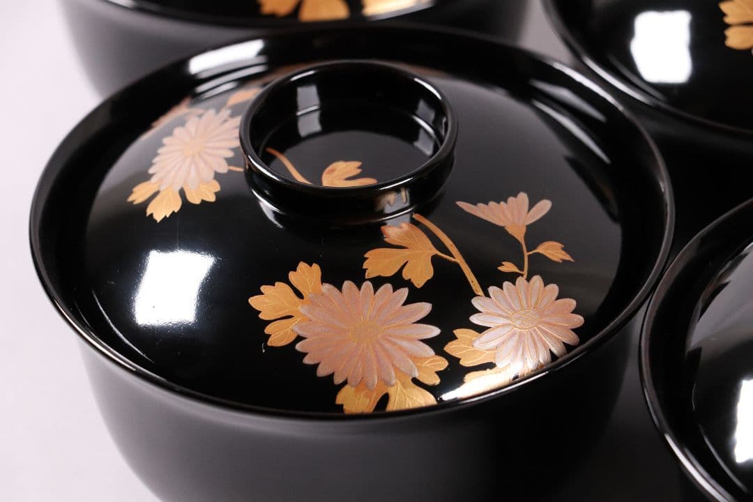 木製漆器 菊花蒔絵 黒塗 椀 五客 漆芸 茶懐石 会席道具 草花【MA286】