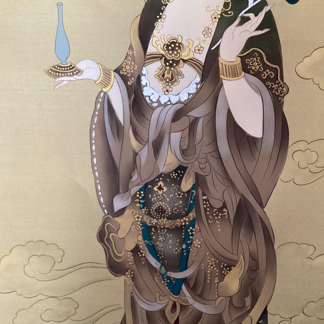 紫雲作 龍雲聖観音図 絹本彩色画 自題共箱 タトウ箱 肉筆画