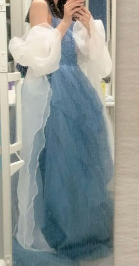 【美品】カラードレス　韓国Aラインイブニングドレス　ブルー