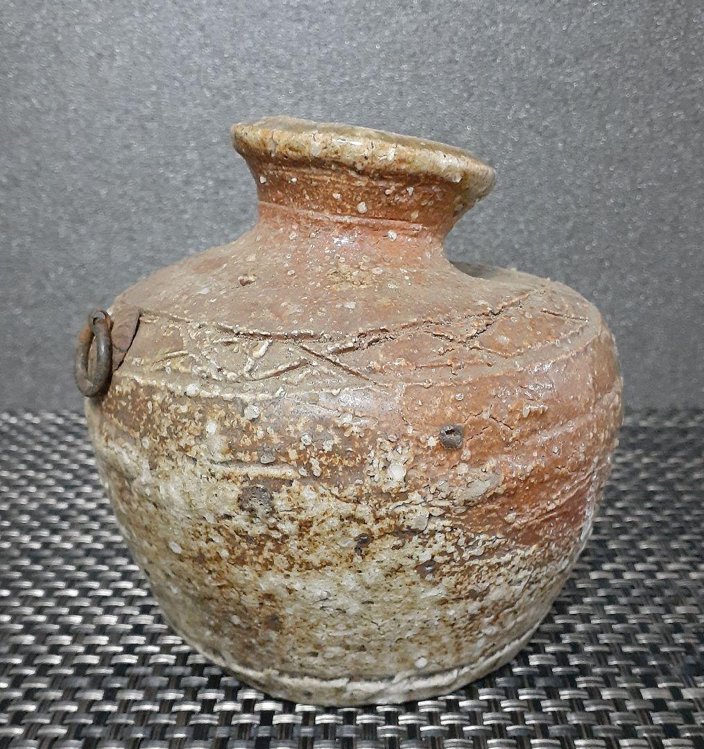 時代古作品 明治時代初期 古信楽 檜垣文様 灰釉 掛花入れ 茶道具